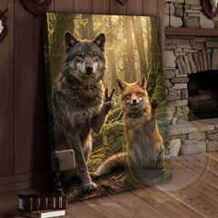 Maxcorners Wolf Fox Friendship Canvas Wall Art - Forest Wildlife Companions Print