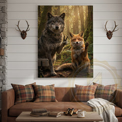 Maxcorners Wolf Fox Friendship Canvas Wall Art - Forest Wildlife Companions Print