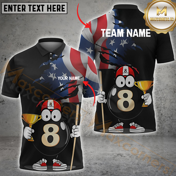 Maxcorners USA Champion 8-Ball Shirt – Funny Pool Ball with Trophy & Flag Customized Name, Team Name 3D Unisex Shirt