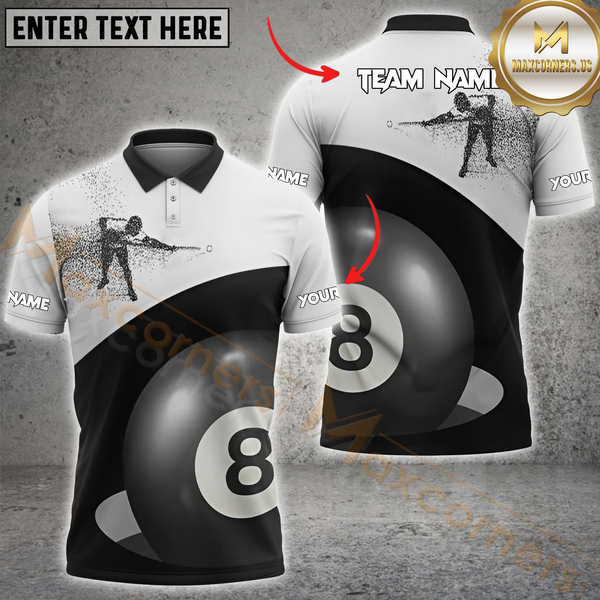 Maxcorners Minimalist 8-Ball Billiards Shirt – Black & White Pro Player Design Customized Name, Team Name 3D Unisex Shirt