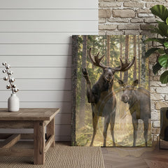 Maxcorners Friendly Moose Canvas Wall Art - Waving Forest Wildlife Pair Print