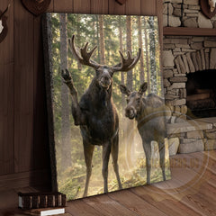 Maxcorners Friendly Moose Canvas Wall Art - Waving Forest Wildlife Pair Print