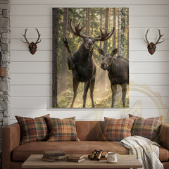 Maxcorners Friendly Moose Canvas Wall Art - Waving Forest Wildlife Pair Print