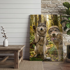 Maxcorners Funny Wolf Selfie Canvas Wall Art - Forest Pack Humor Print