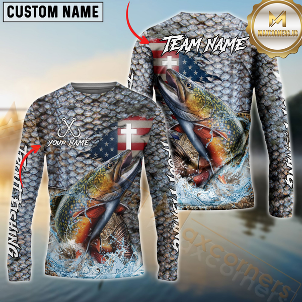 Maxcorners Trout Fishing American Flag Camo Cross Skin Pattern Sun Protection Personalized Name, Team Name Long Sleeve Shirt