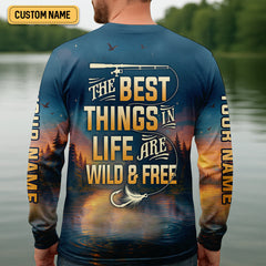 Maxcorners The Best Things In Life Are Wild And Free Funny Bigfoot Fishing SPF Shirt For Men, Gift For Fisherman