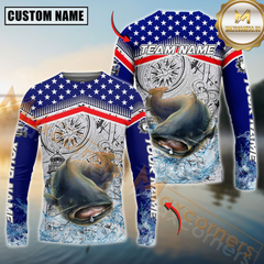 Maxcorners Catfish Fishing American Anchor Compass Lighthouse Graphic Custom Name & Team Name 3D Shirts