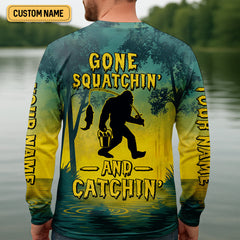 Maxcorners Gone Squatchin And Catching Yellow Forest Bigfoot Fishing UPF Shirts, Funny Fishing Shirt, Fishing Gifts For Men