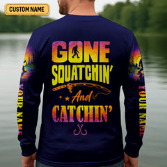 Maxcorners Gone Squatchin And Catching Sunset Fishing UPF Shirts, Funny Fishing Shirt, Sasquatch Fishing Shirts For Men