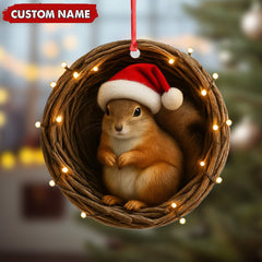 Maxcorners Personalized Squirrel Christmas Ornament, Custom Name Woodland Nest Santa Hat Decoration, Cute Holiday Tree Hanging Gift for Animal Lovers MT2411