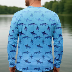 Maxcorners Swordfish Pattern Blue Fishing Shirt, Cute Fishing Outfits, SPF Shirt For Men, Men's Fishing Shirt