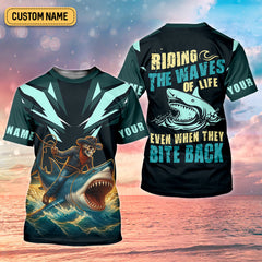 Maxcorners Riding The Waves Of Life Even When They Bite Back SPF Shirt For Men, Funny Fishing Shirt, Fishing Shirts For Men