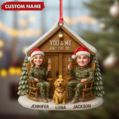 Maxcorners Personalized Hunter Couple Dog Christmas Ornament, Custom Name “You and Me and the Dog” Cabin, Cute Hunting Family Pet Lover Gift