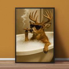 Maxcorners Funny Deer in Bathtub Canvas – Retro Animal Art Print with SunGlasses and Smoking for Unique Wall Decor