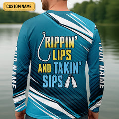 Maxcorners Rippin' Lips & Takin' Sips Fishing SPF Shirt For Men, Gift For Fisherman, Fishing Shirts For Men
