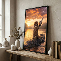 Maxcorners Raccoon Standing on Alligator with Chainsaw Golden Sunset Canvas Wall Art