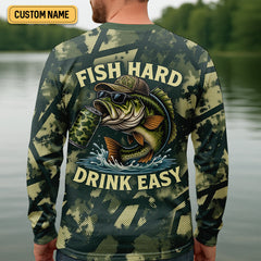 Maxcorners Fish Hard Drink Easy Green Camo Funny Fishing Shirt, SPF Shirt For Men, Largemouth Bass Fishing Shirts For Men