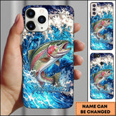Maxcorners Trout Jumping Out Of Ocean Wave Blue Splash Art Personalized Name Phone Case