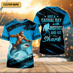 Maxcorners Just A Casual Day With Bigfoot And His Shark Fishing UPF Shirts, Funny Fishing Shirt, Presents For Fishermen