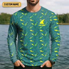 Maxcorners Green And Yellow Shark Pattern Performance Fishing Shirts, SPF Shirt For Men, Fishing Gifts For Men