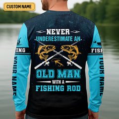Maxcorners Never Underestimate An Old Man With A Fishing Rod Custom Name UPF Shirts, Men's Fishing Shirt