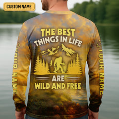 Maxcorners The Best Things In Life Are Wild And Free Bigfoot Sunset Funny Fishing Shirt, SPF Shirt For Men