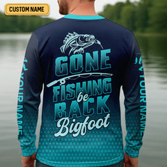 Maxcorners Gone Fishing Be Back Bigfoot Blue Fishing Shirt, SPF Shirt For Men, Gift For Fisherman, Men's Fishing Shirt