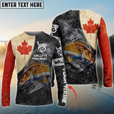 Maxcorners Vintage Canadian Flag Walleye Fishing Personalized Name, Team Name 3D Long Sleeve Shirt
