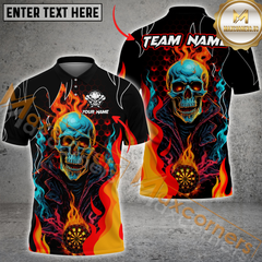 Maxcorners Darts Skull Fire Flame MultiColor Option Customized Name, Team Name 3D Polo Shirt