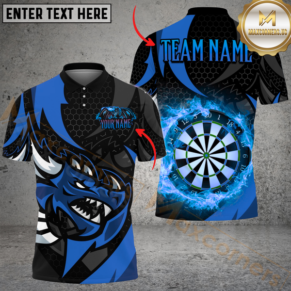 Maxcorners Darts Fire Dragon Multicolor Option Customized Name, Team Name 3D Polo Shirt