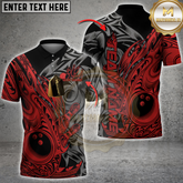 Maxcorners Custom Black And Red Flame Tribal Polynesian Bowling Men Polo Shirts, Bowling Team Uniform