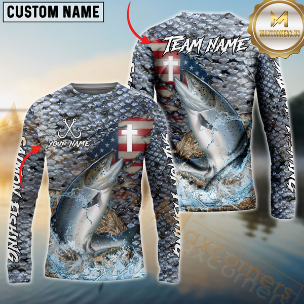 Maxcorners Salmon Fishing American Flag Camo Cross Skin Pattern Sun Protection Personalized Name, Team Name Long Sleeve Shirt