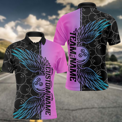 Maxcorners Blue And Pink Custom Bowling Tournament Men Polo Shirts, Bowling Ball And Wings Jerseys LM0803