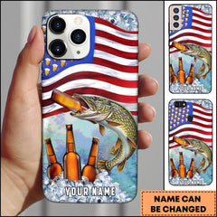 Maxcorners Pike Fishing Phone Case American Flag Beer Bottles Fish Art Personalized Name 3D Phone Case