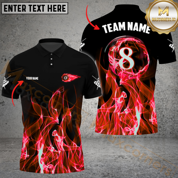 Maxcorners Billiard Pool 8 Ball Flame Personalized Name Men And Women 3D Polo Shirt Custom Billiard Team Jersey (4 Colors)