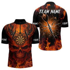 Maxcorners Orange Flaming Skull Men's Dart Jerseys Custom Dart Fire Lightning Darts Team Shirt Polo & 1/4 Zip LM064