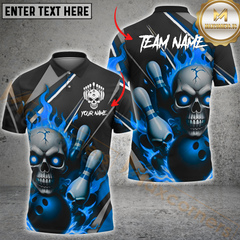 Maxcorners Bowling Skull Flame Multicolor Customized Name, Team Name 3D Polo Shirt