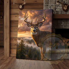 Maxcorners Deer Canvas Golden Hour Misty Mountain View Canvas Wall Art