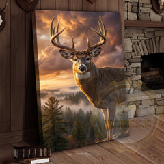 Maxcorners Deer Canvas Golden Hour Misty Mountain View Canvas Wall Art