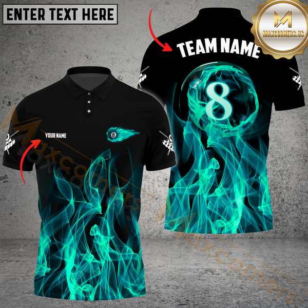 Maxcorners Billiard Pool 8 Ball Flame Personalized Name Men And Women 3D Polo Shirt Custom Billiard Team Jersey (4 Colors)