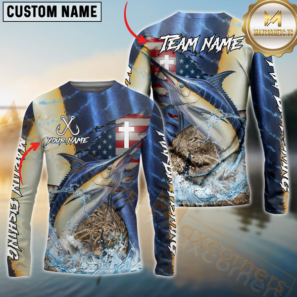 Maxcorners Marlin Fishing American Flag Camo Cross Skin Pattern  Pattern Sun Protection Personalized Name, Team Name Long Sleeve Shirt