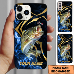 Maxcorners Largemouth Bass Fishing Blue Wave Gold Line Personalized Name 3D Phone Case