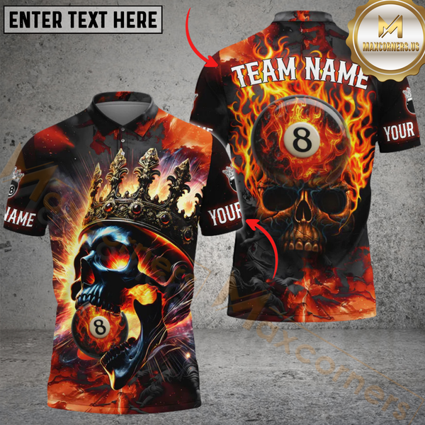 Maxcorners Billiard Pool Ball Inferno Skull Personalized Name Men And Women 3D Polo Shirt Custom Billiard Team Jersey (4 Colors)