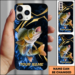 Maxcorners Walleye Fishing Blue Wave Gold Line Personalized Name 3D Phone Case