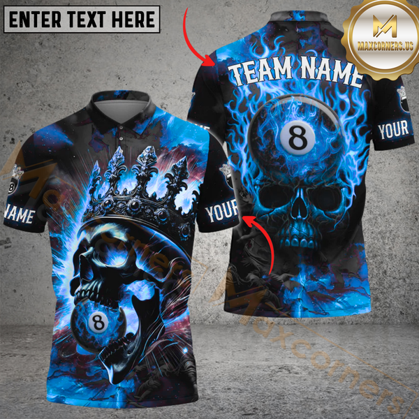 Maxcorners Billiard Pool Ball Inferno Skull Personalized Name Men And Women 3D Polo Shirt Custom Billiard Team Jersey (4 Colors)