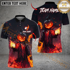 Maxcorners Flaming Pumpkin Reaper Golf Polo Shirt, Customized Name & Team Name 3D Shirts (4 Colors)