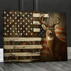 Maxcorners Deer American Flag Canvas, Rustic Patriotic Hunter Wall Art, Camo Buck Print for Cabin or Man Cave Decor