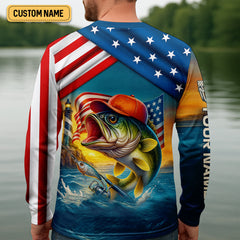 Maxcorners Hooked On Freedom Patriotic Fishing Shirt, Largemouth Bass Fishing SPF Shirt For Men, Men's Fishing Shirt