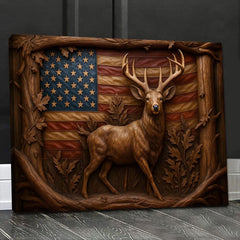 Maxcorners American Deer Flag Canvas Wall Art — Rustic Patriotic Design with Buck and Carved Wood Frame, Perfect Gift for Hunters and Nature Lovers