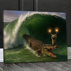Maxcorners Crocodile Surfing Canvas Wall Art, Raccoon with Sparklers Fantasy Animal, Ocean Wave Coastal Decor for Kids Room & Game Room